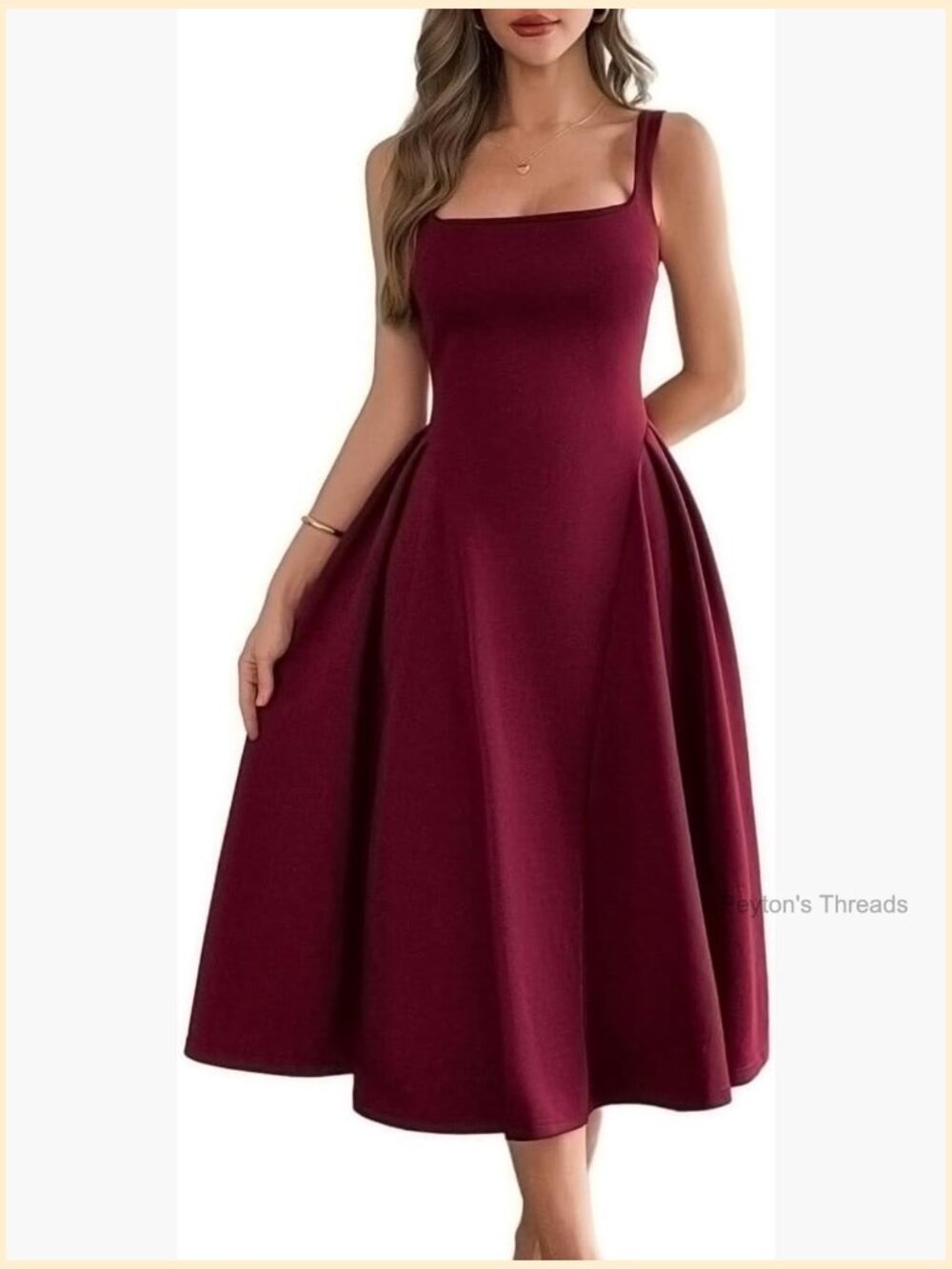 Women's Square Neck Burgundy Midi Dress